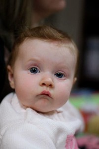 Gros plan du visage d’un bébé de sept mois regardant la caméra
