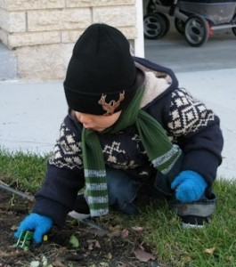 Jeune enfant de quatre ans vêtu de vêtements d’hiver avec un manteau, une tuque, une écharpe et des mitaines se penchant pour jouer avec quelque chose dans un jardin à l’extérieur d’une maison.